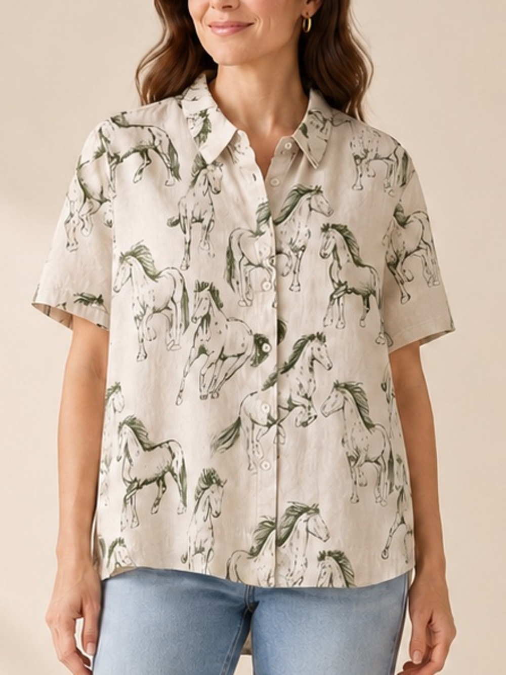 Horse Print Linen Blend Button Up Shirt XL Equestrian Western Jane + Delancey